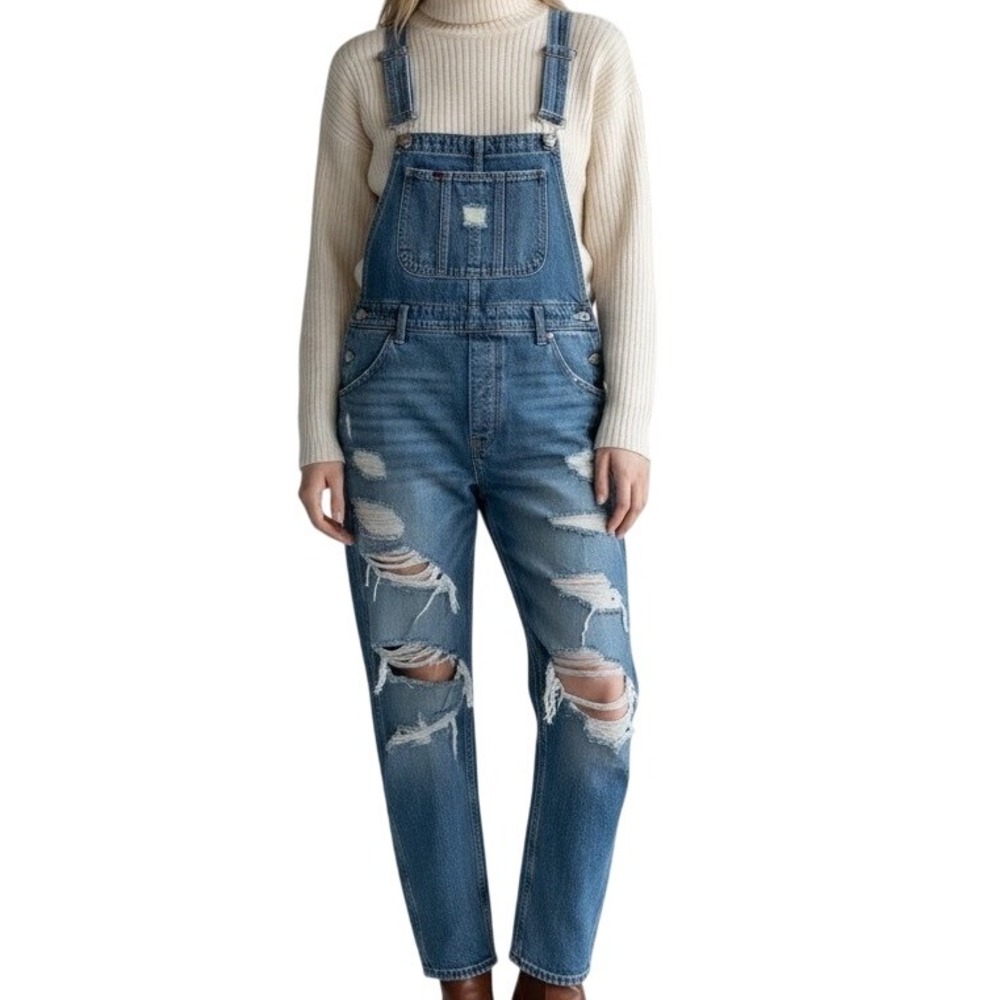 American Eagle Womens‎ Denim Overalls S Distressed 90s Boyfriend Straight Leg